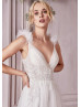 Ivory Lace Tulle Deep V Back Chic Wedding Dress